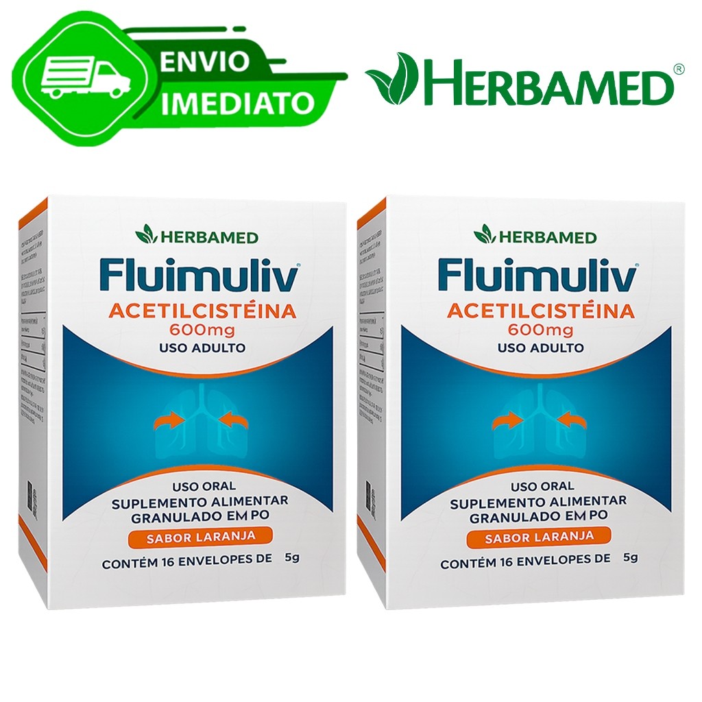 Kit C/2 Acetilcisteína Em Pó 600Mg Fluimuliv Herbamed 16X5G Sabor Laranja Envio Imediato
