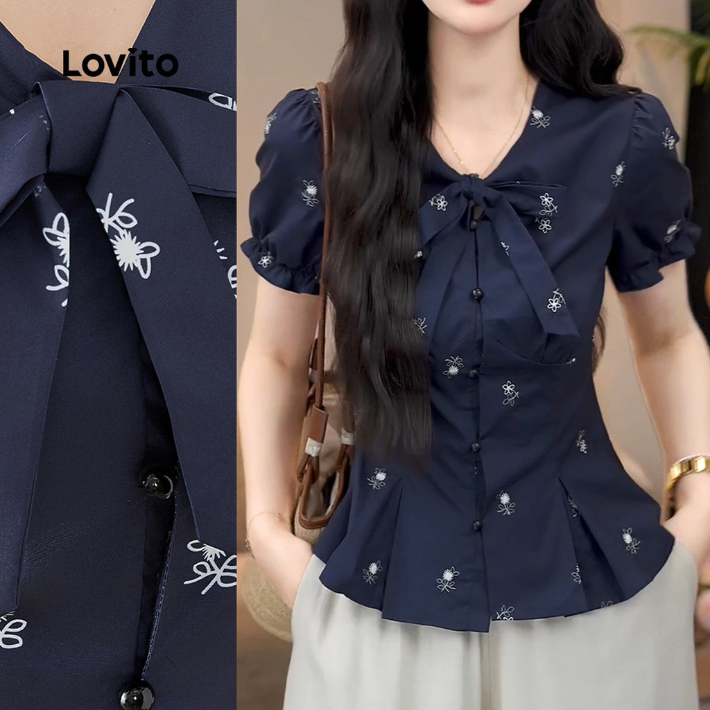 Lovito Casual Blusa De Férias Com Botões Frontais Pregas E Laço Azul Escuro Idea
