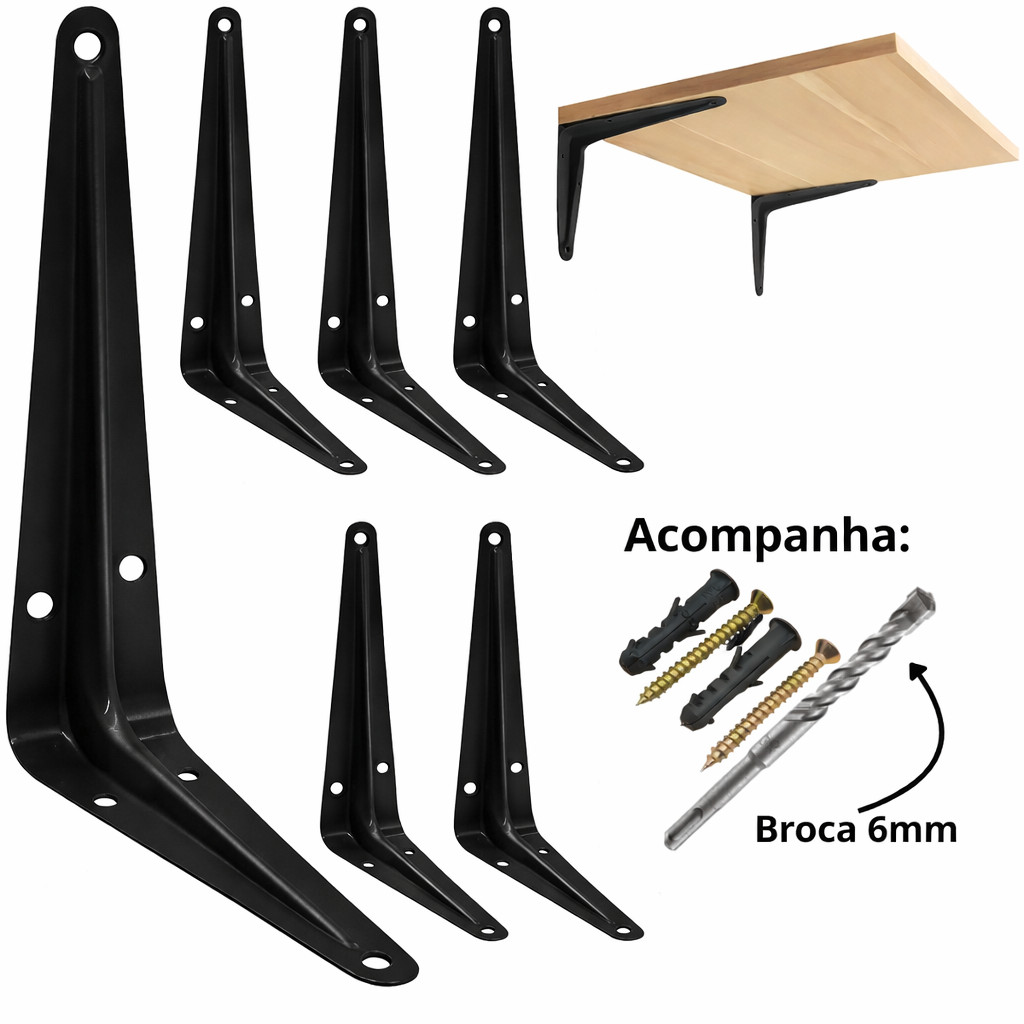 Kit 2 / 20 Suportes Mão Francesa Preta 15 X 20cm Prateleira Tábua Cantoneira Reforçada Preta BBP