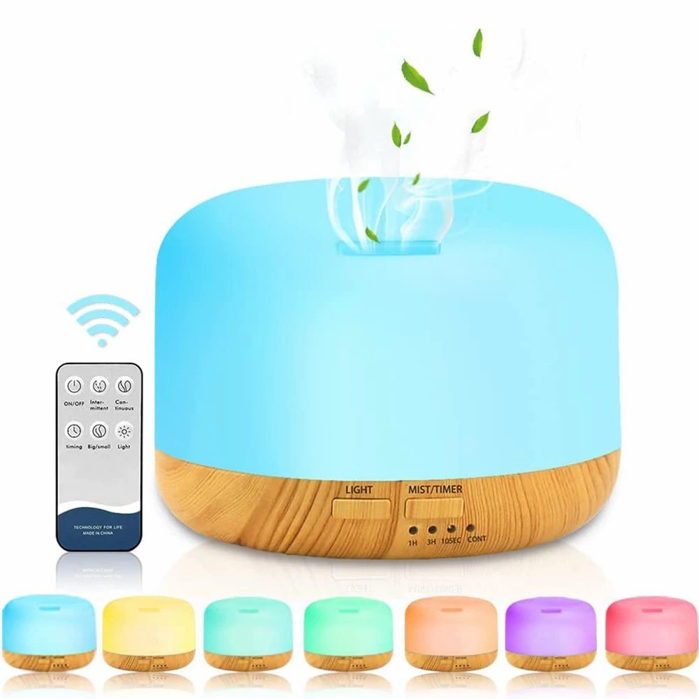 Umidificador de Ar Difusor Elétrico Aromatizador Óleo Essencial Abajur Luminária LED 7 Cores Com Controle Remoto 500ML