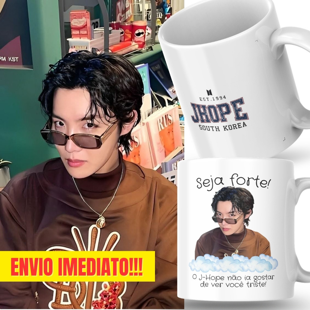 Caneca Xicara Porcelana 325ml Seja Forte Jhope J-Hope BTS KPop Personalizada Presente Decoração Casa