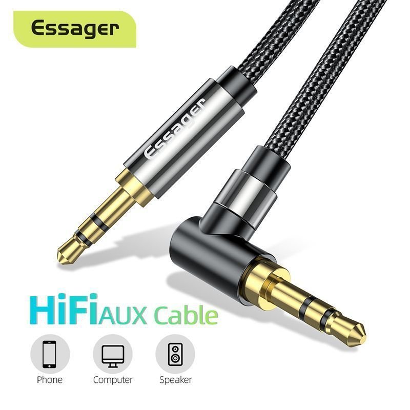 Cabo de Áudio ESSAGER com Conectores Angulares de 3,5mm Macho-Macho para Caixas de Som de Computador e Áudio Automotivo.