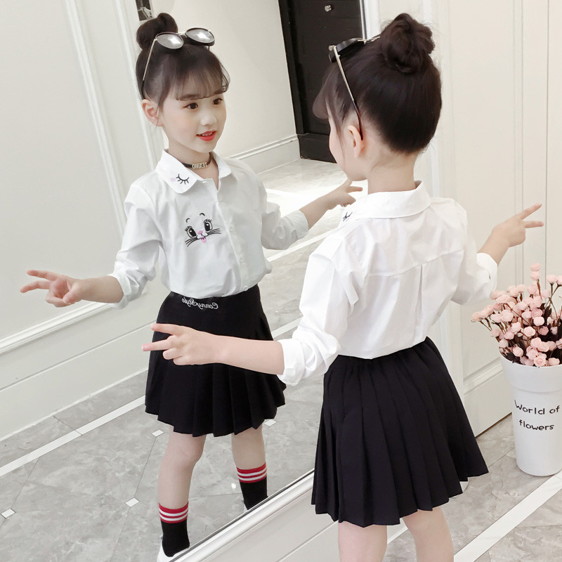 Meninas camisas brancas crianças primavera estilo ocidental fino manga comprida topos roupas infantis algodão puro menin