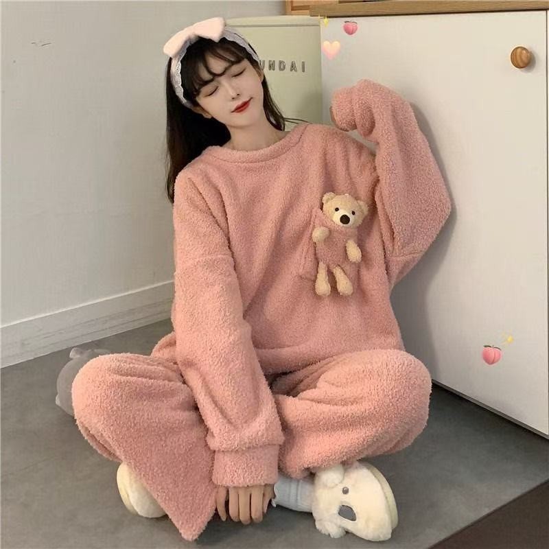 Pijama feminino longo de lã polar com cordão, macio e quente, estilo inverno, 5662, importado.