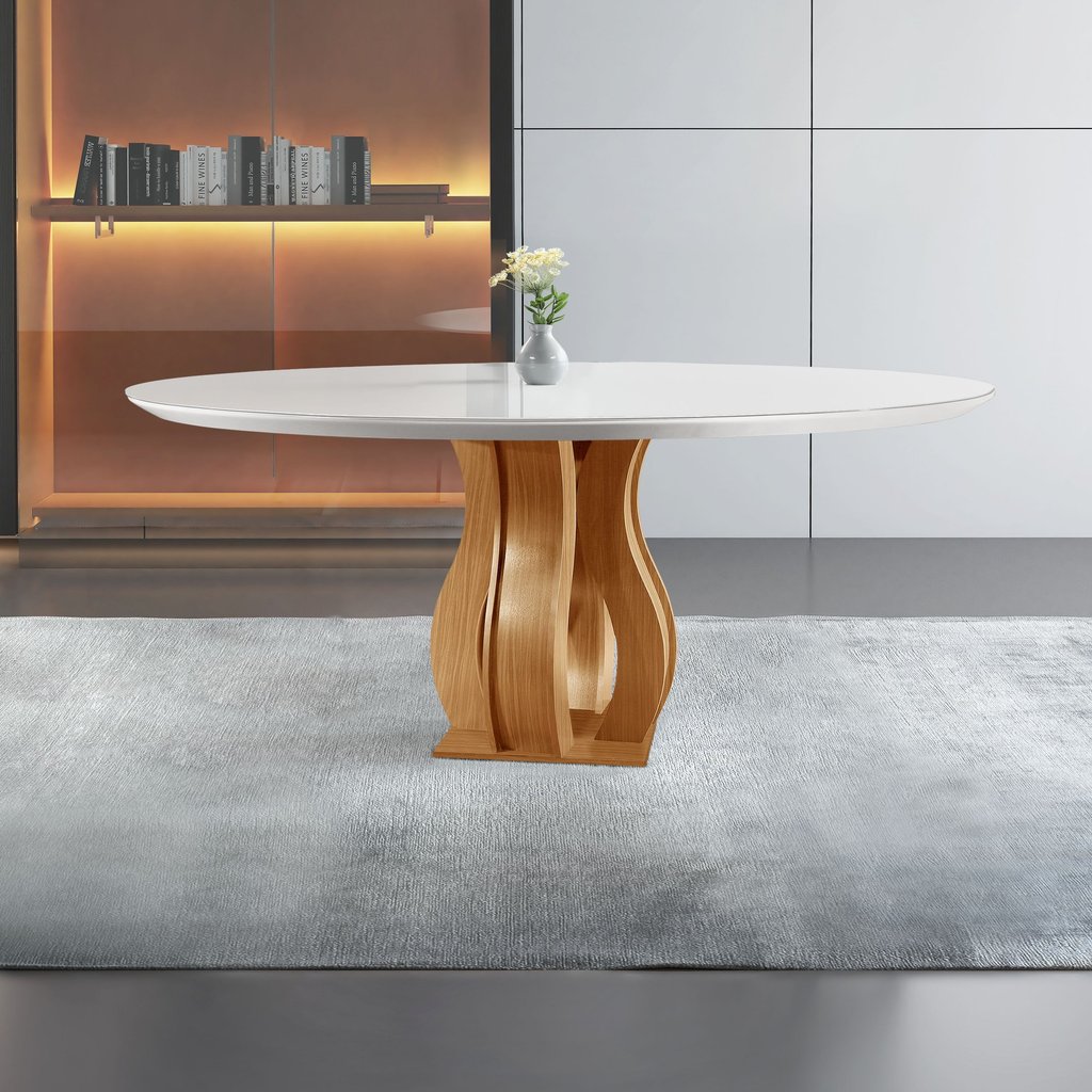 Mesa Redonda 6 Lugares Tampo Vidro/MDF para Sala de Jantar 135cm Nuance Yescasa Marrom/Castanho Cinamomo/Off White