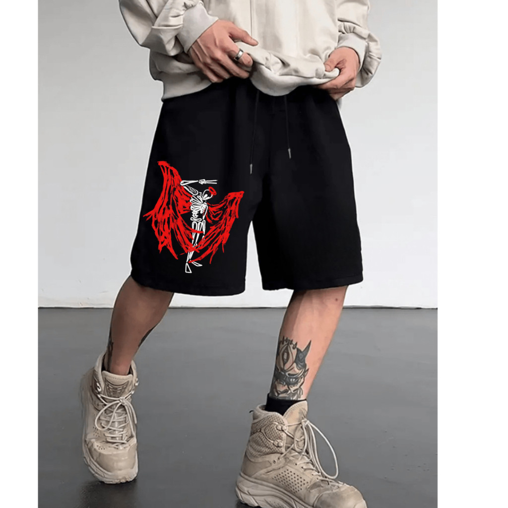 Short Streetwear Masculino Bermuda Moletom Estampado Caveira Vermelha