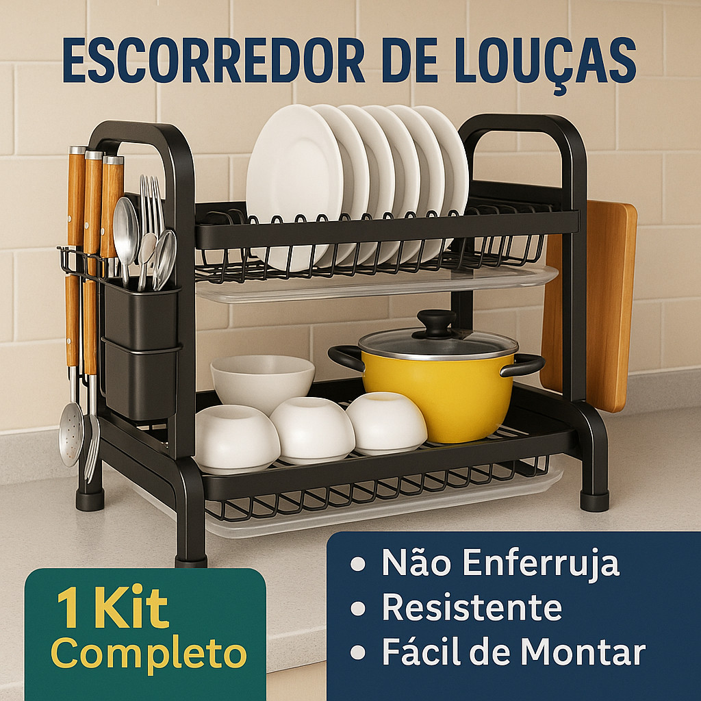 Escorredor de Louça 2 Andares Aço Carbono Preto Cozinha Escorredor de Louça Inox,Escorredor de Talheres Muito Espaço