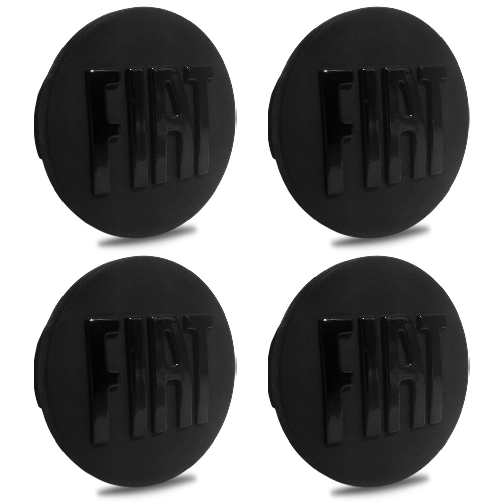 Jogo 4 Calota Central Meio Roda Fiat Siena Uno Mobi 49,6mm Preto Fosco com Logo Alto Relevo