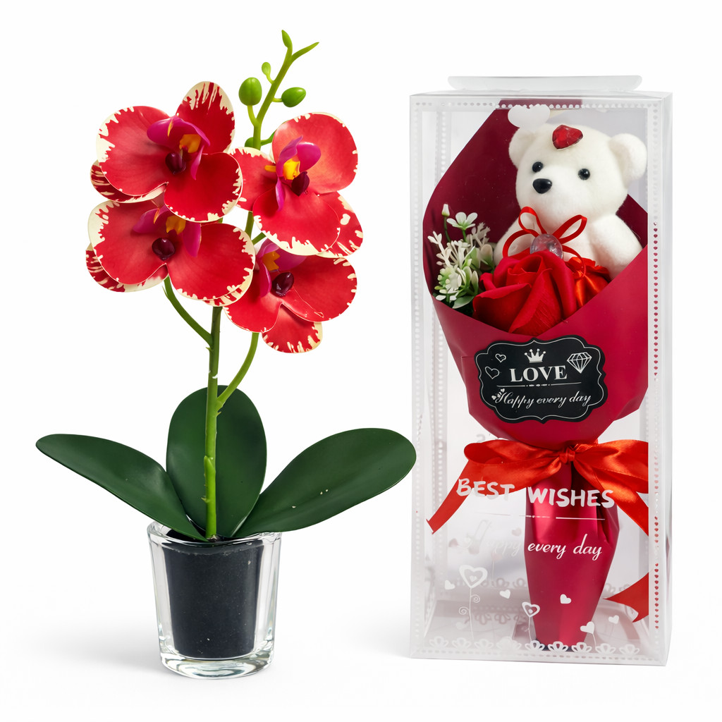 Kit Orquídea com 4 Flores Presente Delicado Urso Buquê