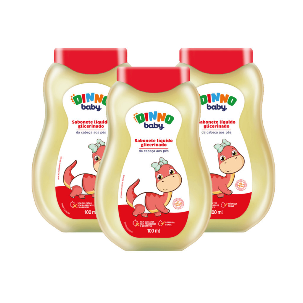 Kit 3 Sabonete Líquido Glicerinado Dinno Baby 100mL – Higiene Segura da Cabeça aos Pés com pH Neutro
