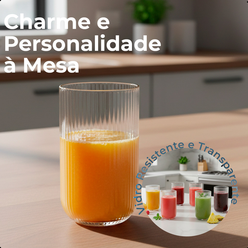 Kit de Copos Versalhes 6 peças 460ml Vidro Canelado Elegante para Água Sucos e Drinks e Mesa Posta