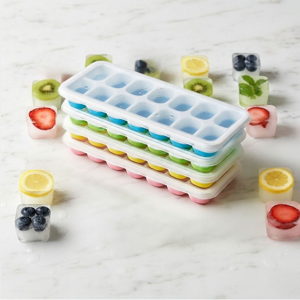 Kit 2/ Kit 4  Formas de Gelo Silicone com Tampa Rígida Flexível Fundo Retangular Multiuso Lavável
