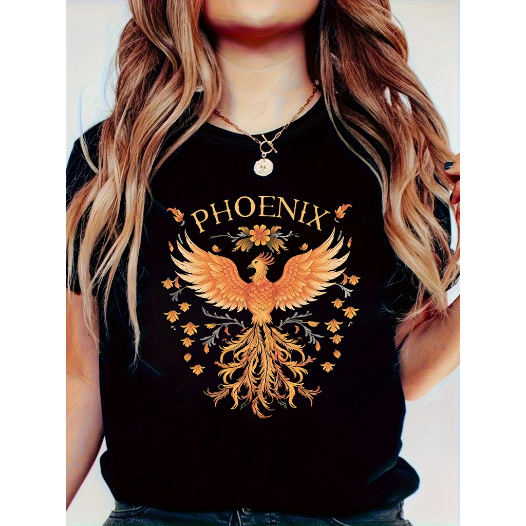 Camiseta Feminina Fênix Dragão Dourado Marrom Preto Estampada Confortável Elegante Estilosa Casual