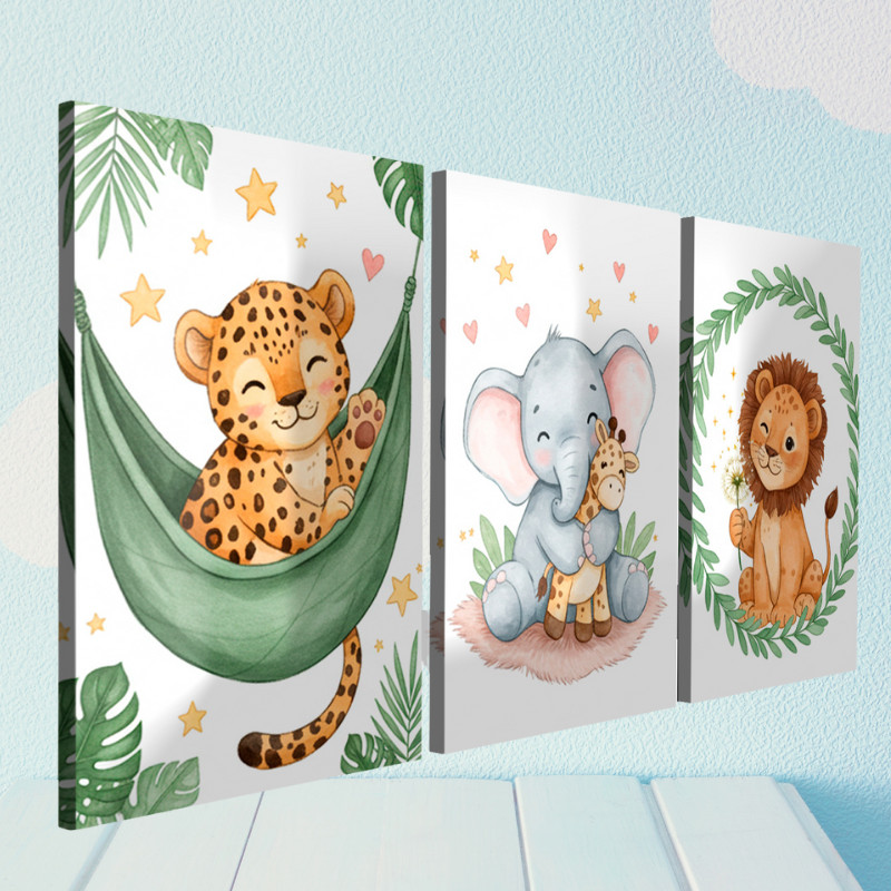 Kit 3 Quadros decorativos Infantil Animais Fofos para Quarto de Bebê Quarto Sala MDF em Oferta na Shopee