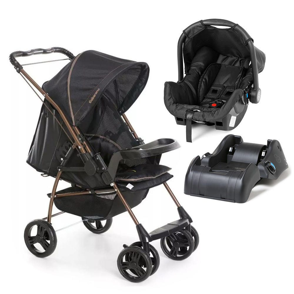 Carrinho Milano Preto Cobre e Bebê Conforto e Base Galzerano em Oferta na Shopee