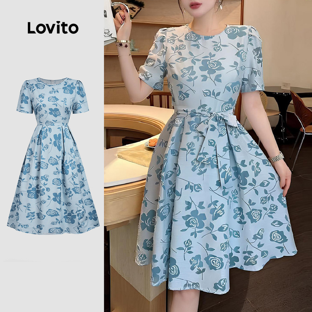 Lovito Vestido Casual com Cinto para Primavera/verão Azul para Mulheres LBL31212 em Oferta na Shopee