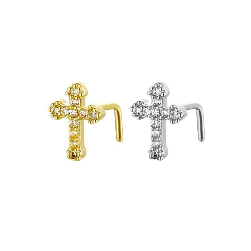 Piercing de Nariz em Cobre Estilo Cruz, Clipe de Nariz em Forma de L, Anel de Nariz com Zircônia Incrustada em Cobre, Jo em Oferta na Shopee