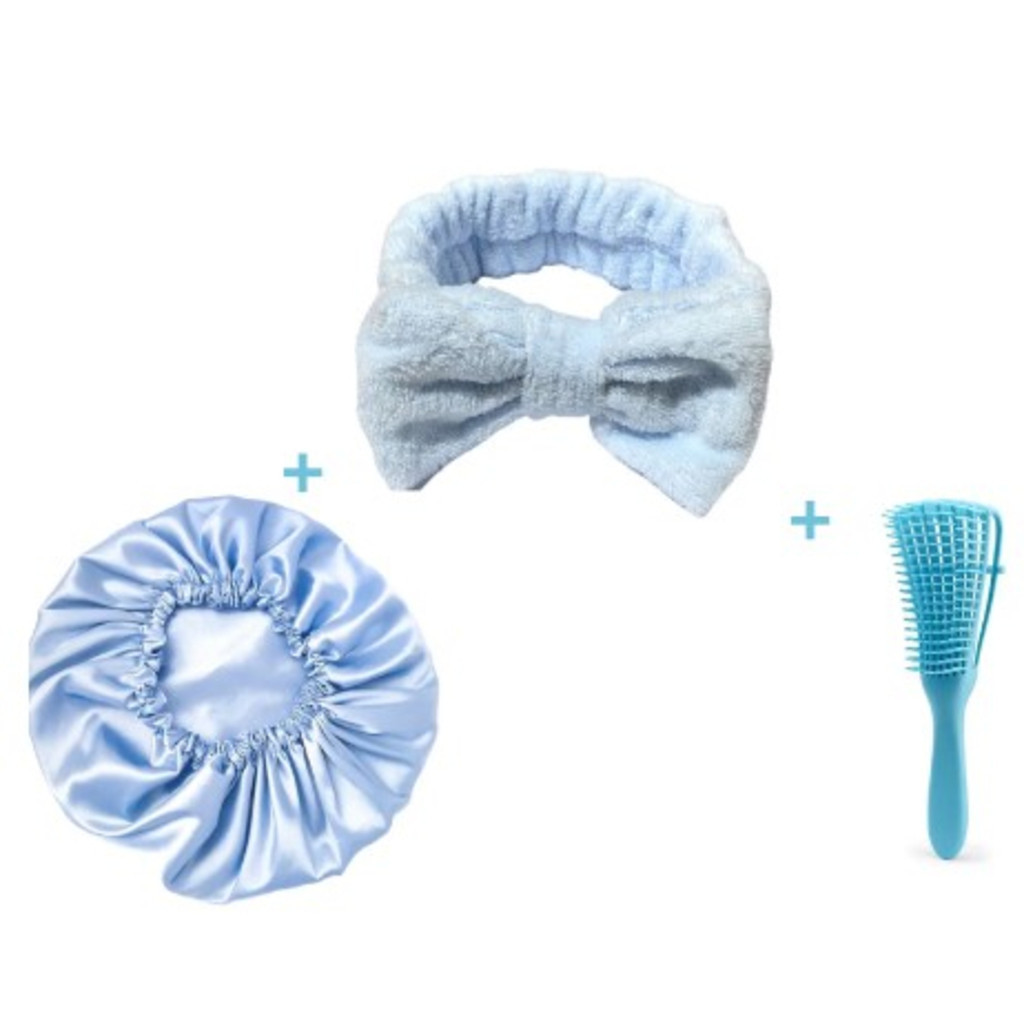 KIT - Touca de cetim + Pente polvo desembaraçador + Faixa de maquiagem