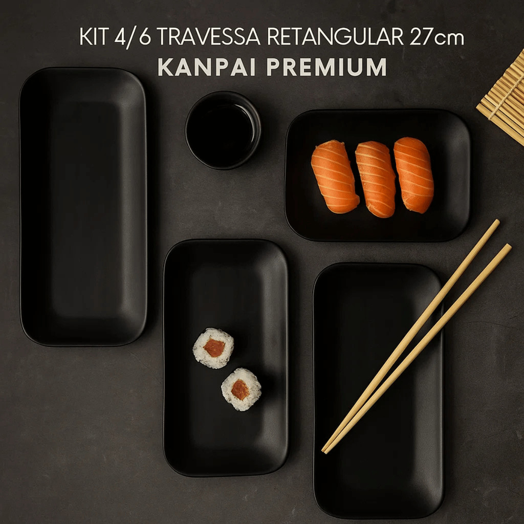 Kit 4/6 Travessa Melamina Retangular 27cm Kanpai Premium - Bestfer  / Mesa Jantar Cozinha Servir