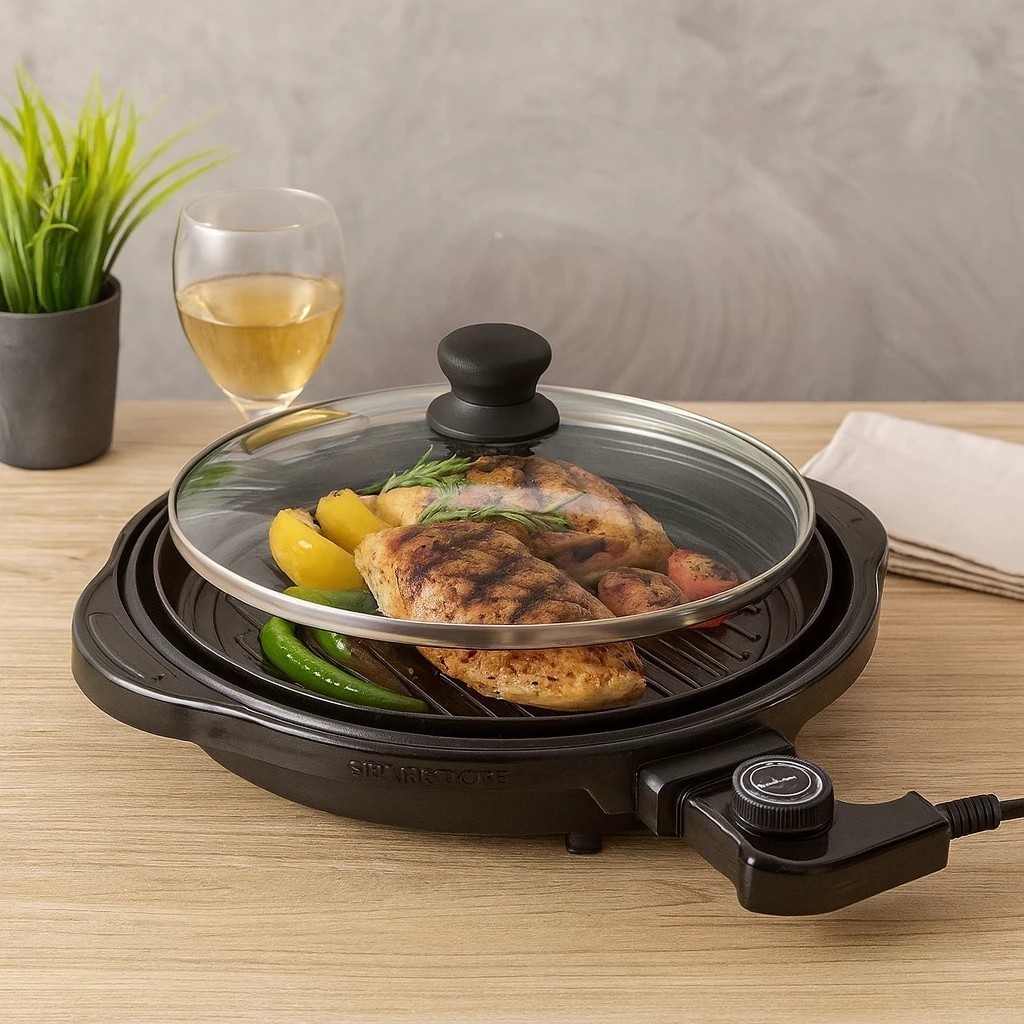Churrasqueira Elétrica Grill Redondo Premium 1200W 127V 220V Frituras Alimentos Rápidos