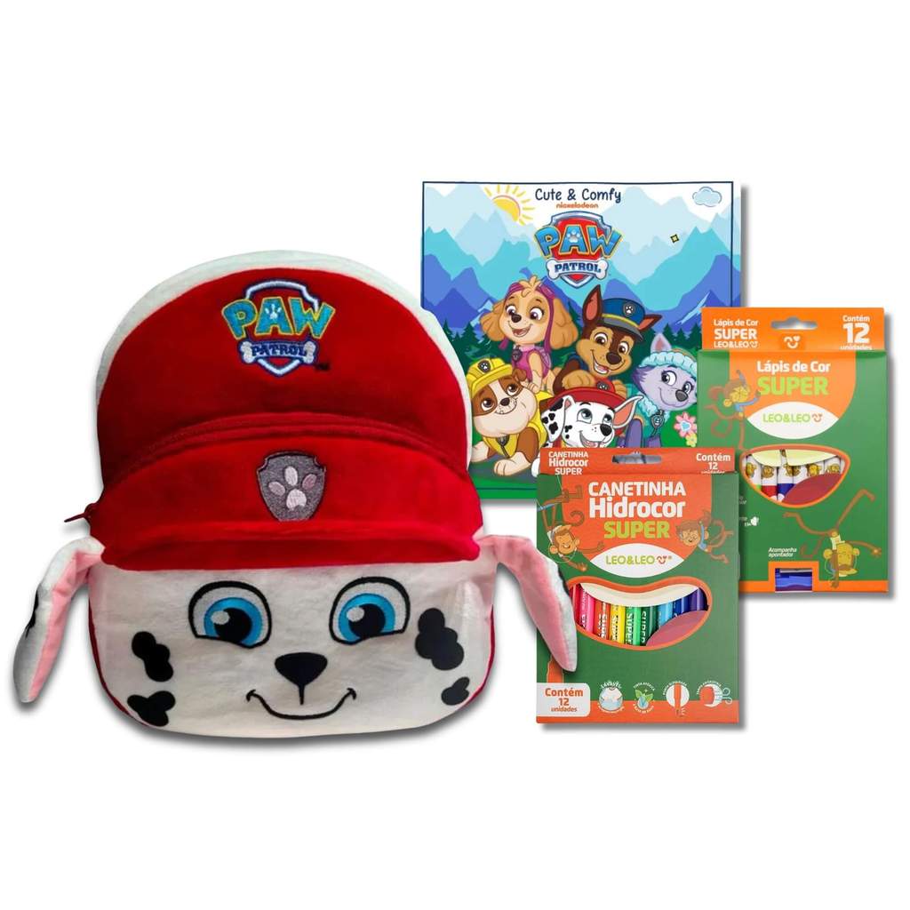 Kit Escolar Patrulha Canina Marshall - Mochila, Lápis 12 Cores, Hidrocor e Livro de Colorir