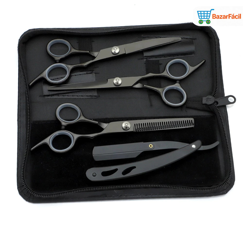 Kit de 4 tesouras de fio de cabelo desbaste profissional feito de aço inox e com a cor dourada para uso em barbearias