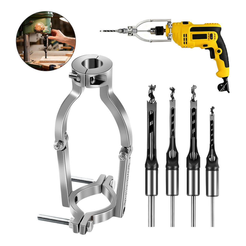 [PRONTA ENTREGA] Kit 5 Brocas Furo Quadrado + Suporte Fixo Adaptador Furadeira de Bancada