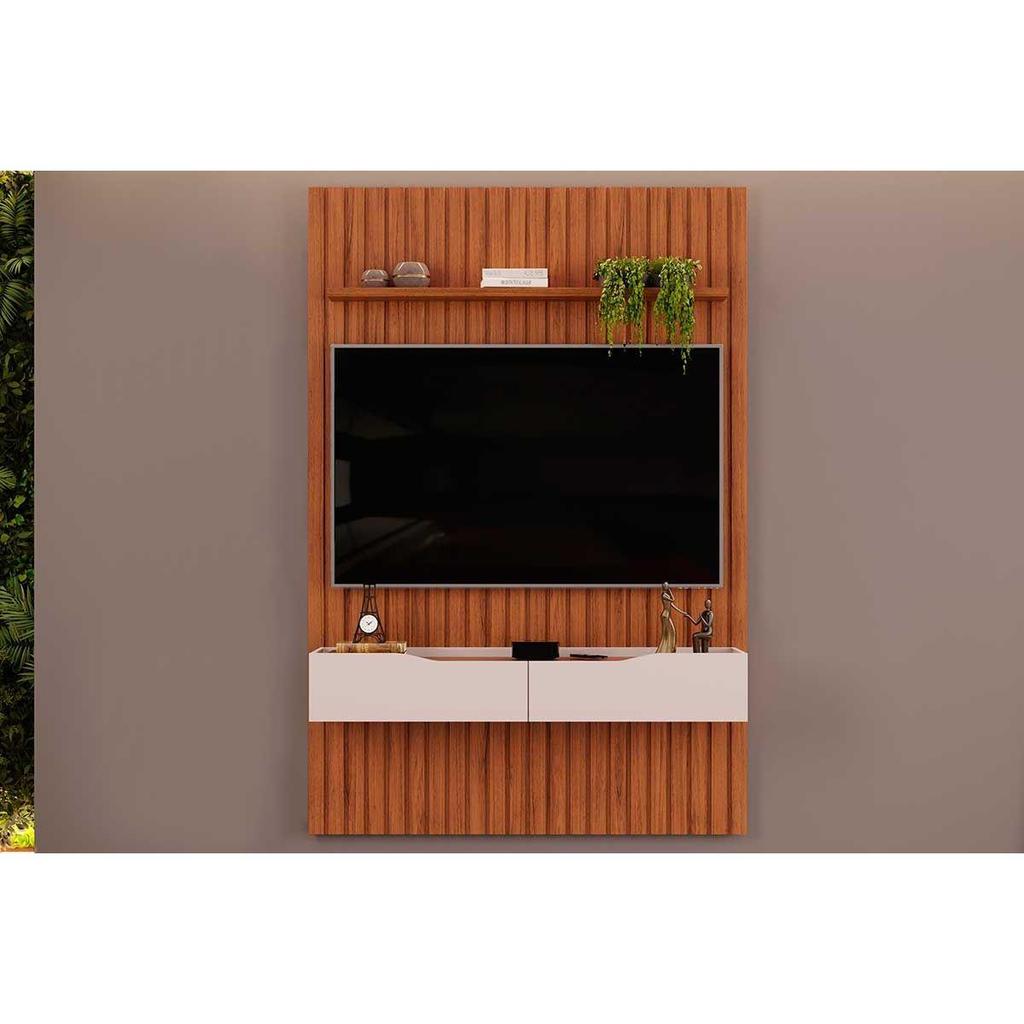 Rack Bancada c/ Painel p/ TV até 55 Pol Pratic Ripado 2 Gavetas 143x240cm Freijó/Off White - DJ Móveis