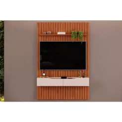 Rack Bancada c/ Painel p/ TV até 55 Pol Pratic Ripado 2 Gavetas 143x240cm Freijó/Off White - DJ Móveis