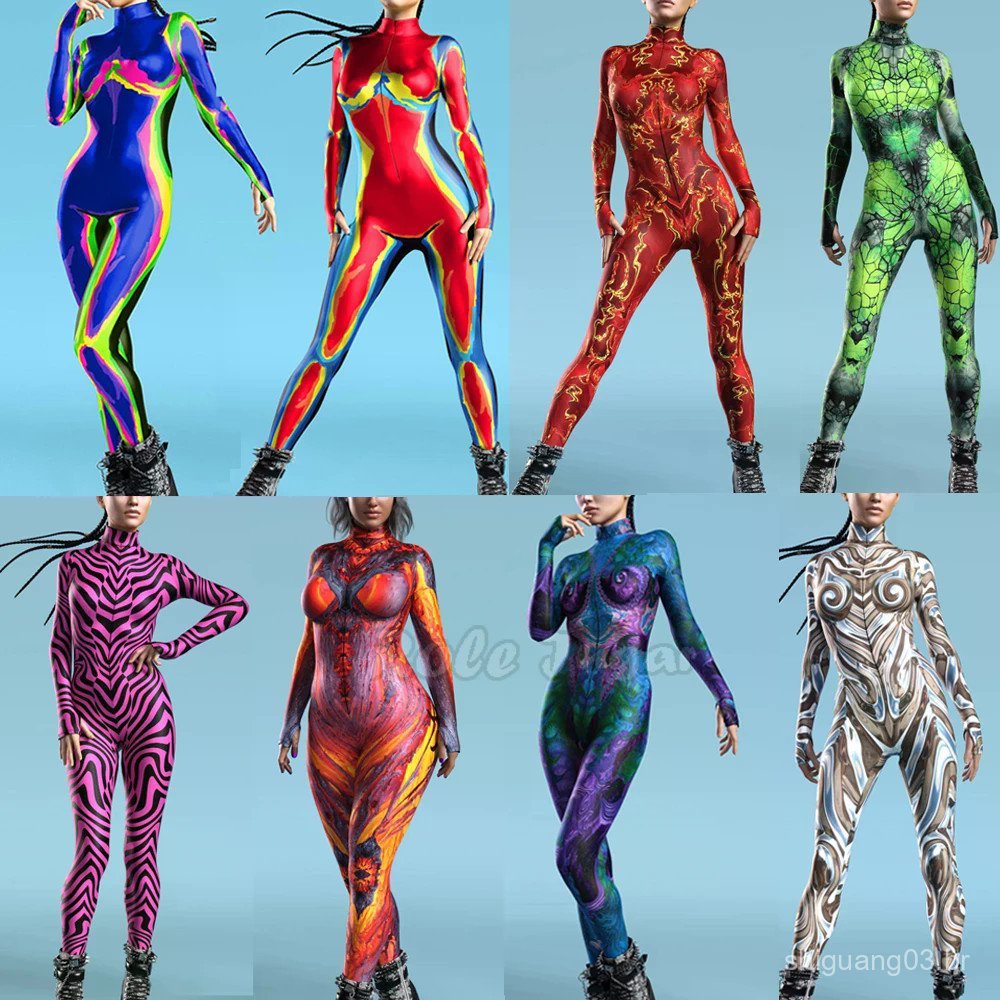 Macacão Feminino Assustador para Cosplay de Halloween, Estampado Digital 3D, para Festa e Carnaval, Macacão Justo Engraç