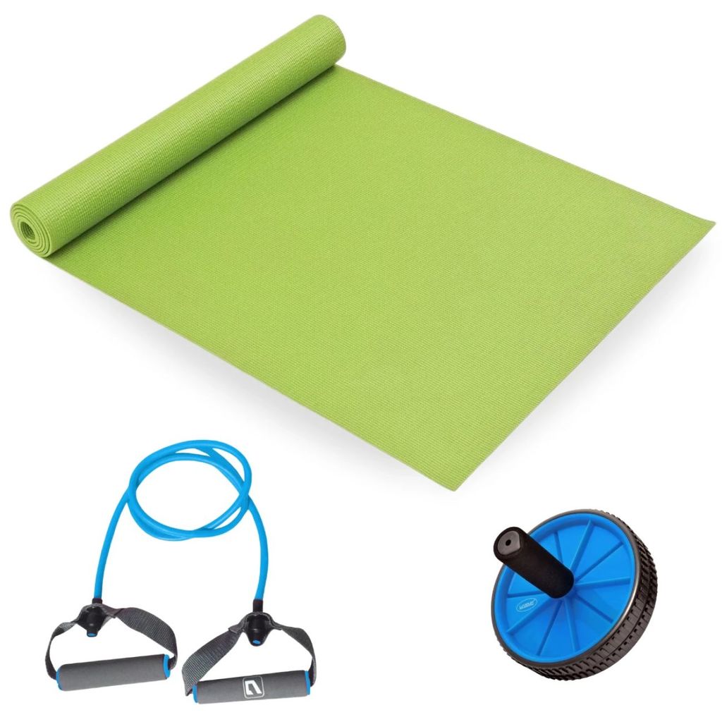 Kit Treino Colchonete 1,73m + Extensor Elástico 1 Via + Roda Abdominal Yoga Pilates Academia