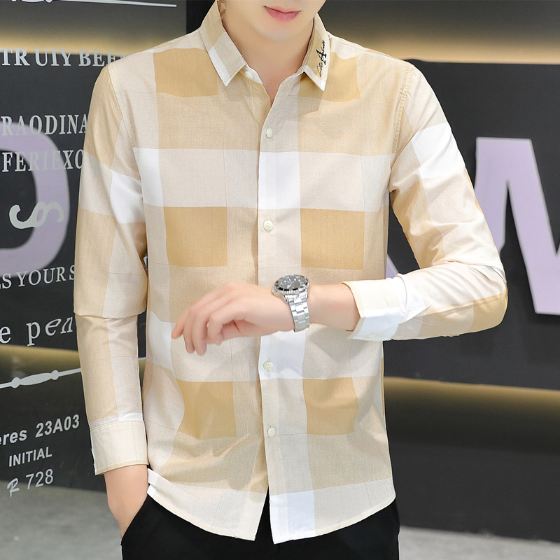 P camisa xadrez masculina de manga comprida outono Casual All-Match bonito fino-ajuste na moda camisa masculina nova pol