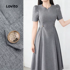 Lovito Plissada Elegante Vestido Pregas Fivela de Metal Corte Outono/verão Cinza Vestido para Mulheres L177ED396
