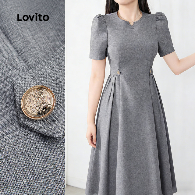 Lovito Plissada Elegante Vestido Pregas Fivela de Metal Corte Outono/verão Cinza Vestido para Mulheres L177ED396