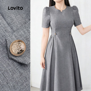 Lovito Plissada Elegante Vestido Pregas Fivela de Metal Corte Outono/verão Cinza Vestido para Mulheres L177ED396