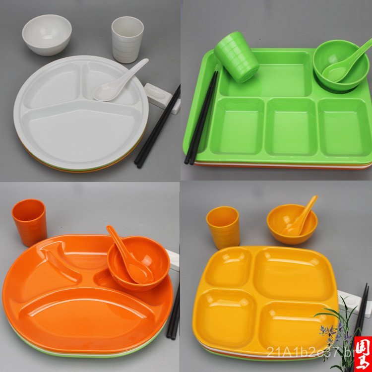 Bandeja de fast food, prato escolar com divisórias, prato colorido de melamina com divisórias, conjunto de utensílios de