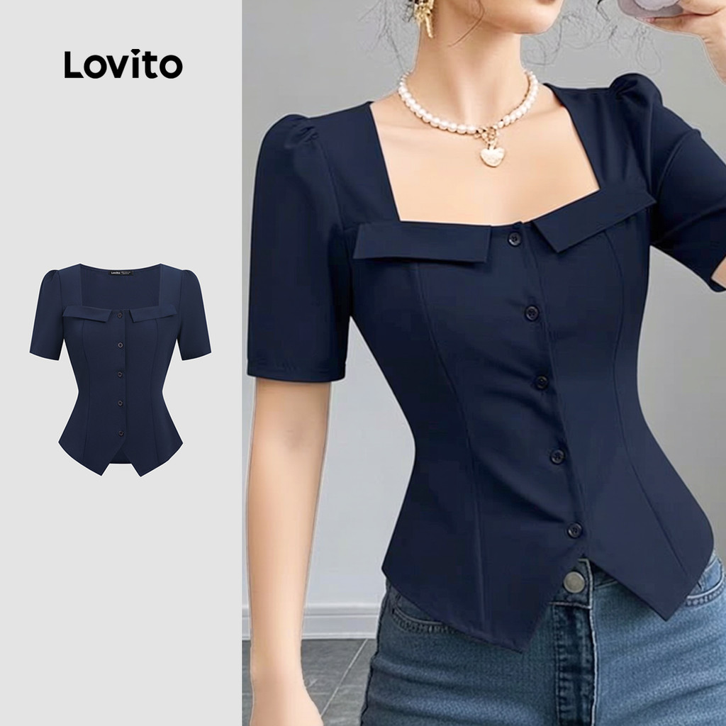Lovito Elegante Blusa Com Botões Azul Primavera E O Verão Para Mulheres LK3ED619