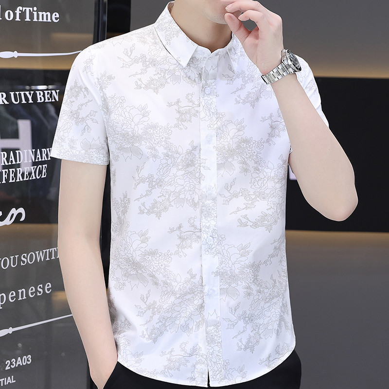 Camisa masculina de manga curta impressa estilo fino verão versão coreana magro-ajuste na moda camisa masculina Casual b