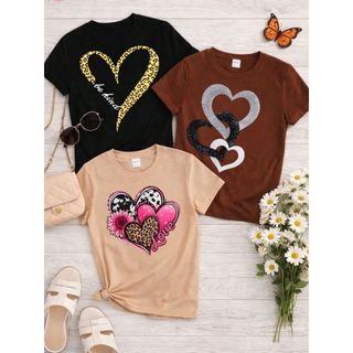 Kit 3 Blusas Femininas Estampadas 100% Algodão Coração Love Casual Baby Look Moda  P ao GG