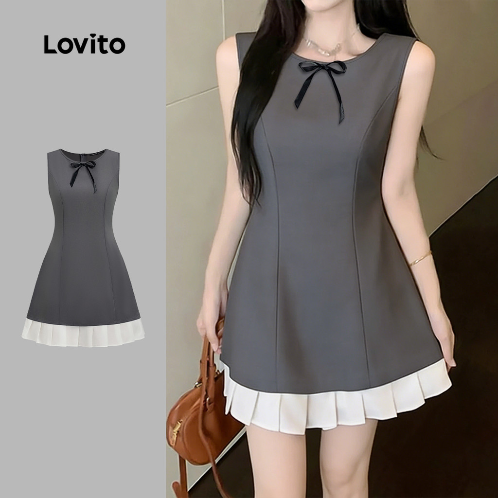 Lovito Vestido Casual Cinza de Primavera/verão para Mulheres com Laço e Blocos d