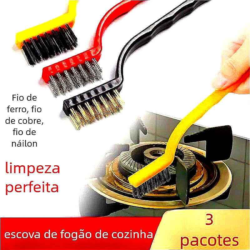 Kit Escova Limpeza Multiuso 3 UN Aço Latão Nylon, Forno Grelha Fogão
