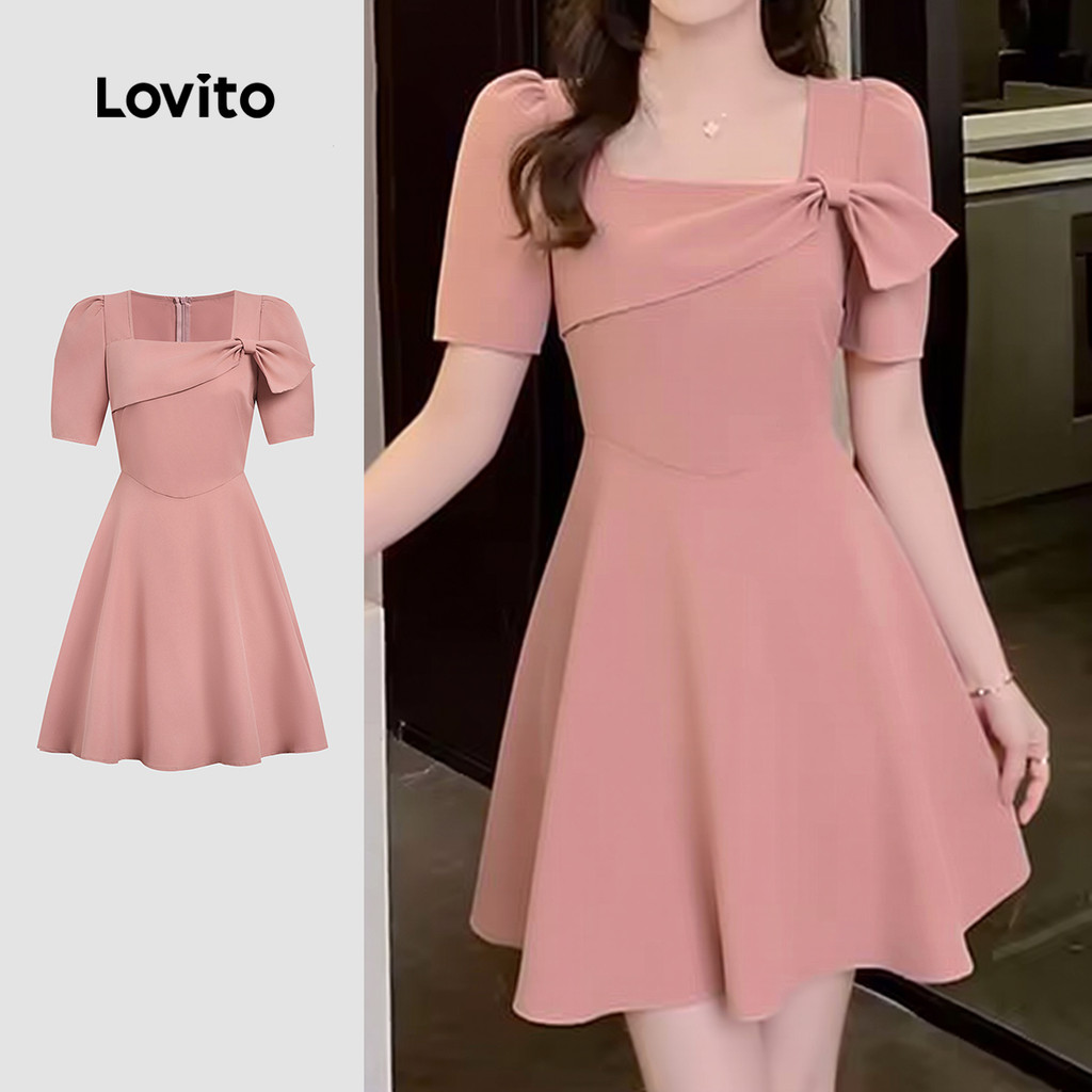 Lovito Vestido Casual com laço frontal assimétrico primavera/verão vestido cinza rosa para mulheres LK3ED586