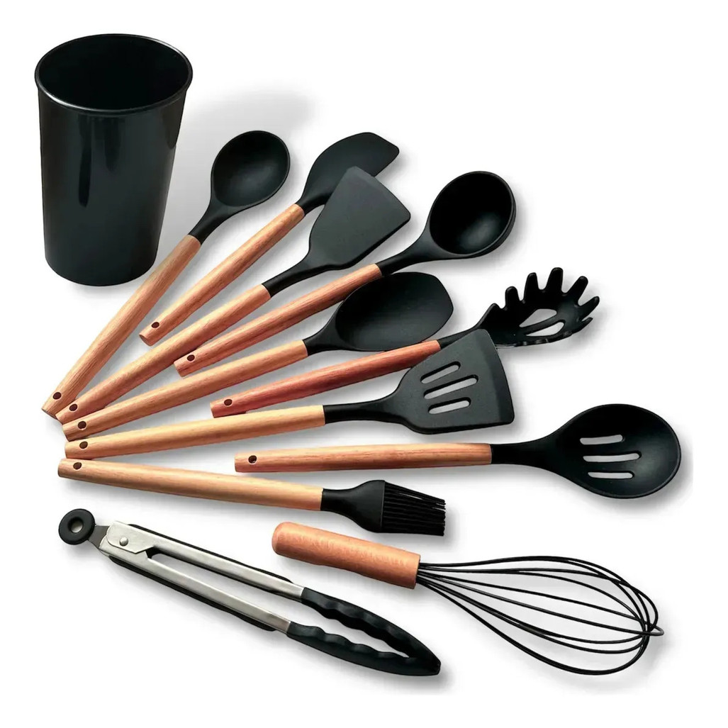 Kit 12 Utensílios De Cozinha Silicone Concha, Espátulas, Pegadores, Colheres, Resistente Ao Calor Cabo De Madeira
