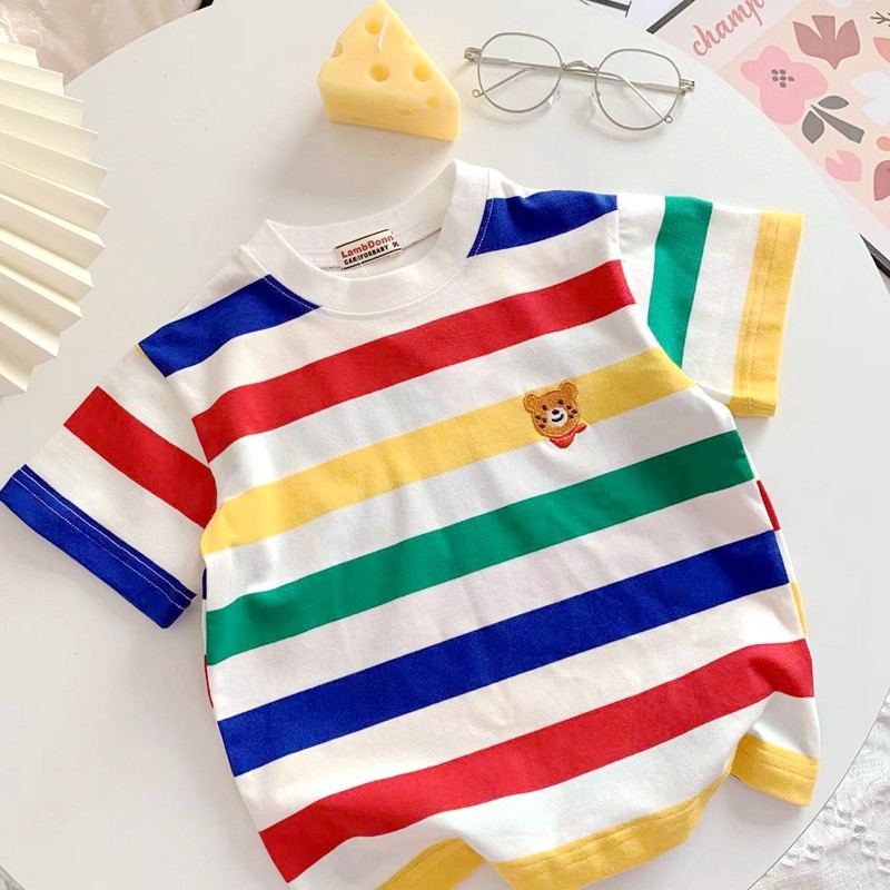 Meninos japoneses listrado camiseta de manga curta verão novo estilo crianças bebê cor listrado puro algodão bonito meia