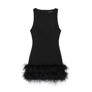 Novo Vestido Mini Elegante de Patchwork Francês com Plumas para Mulheres Simples e Chique, Cor Sólida, Sem Mangas, Decot