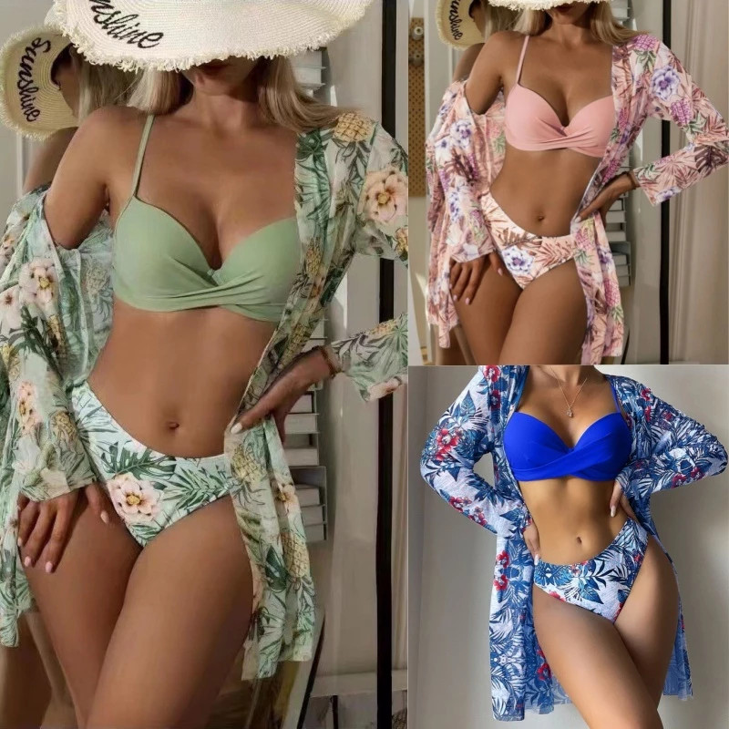 Biquíni feminino impresso maiô de praia de manga comprida três peças com saída de praia em Oferta na Shopee