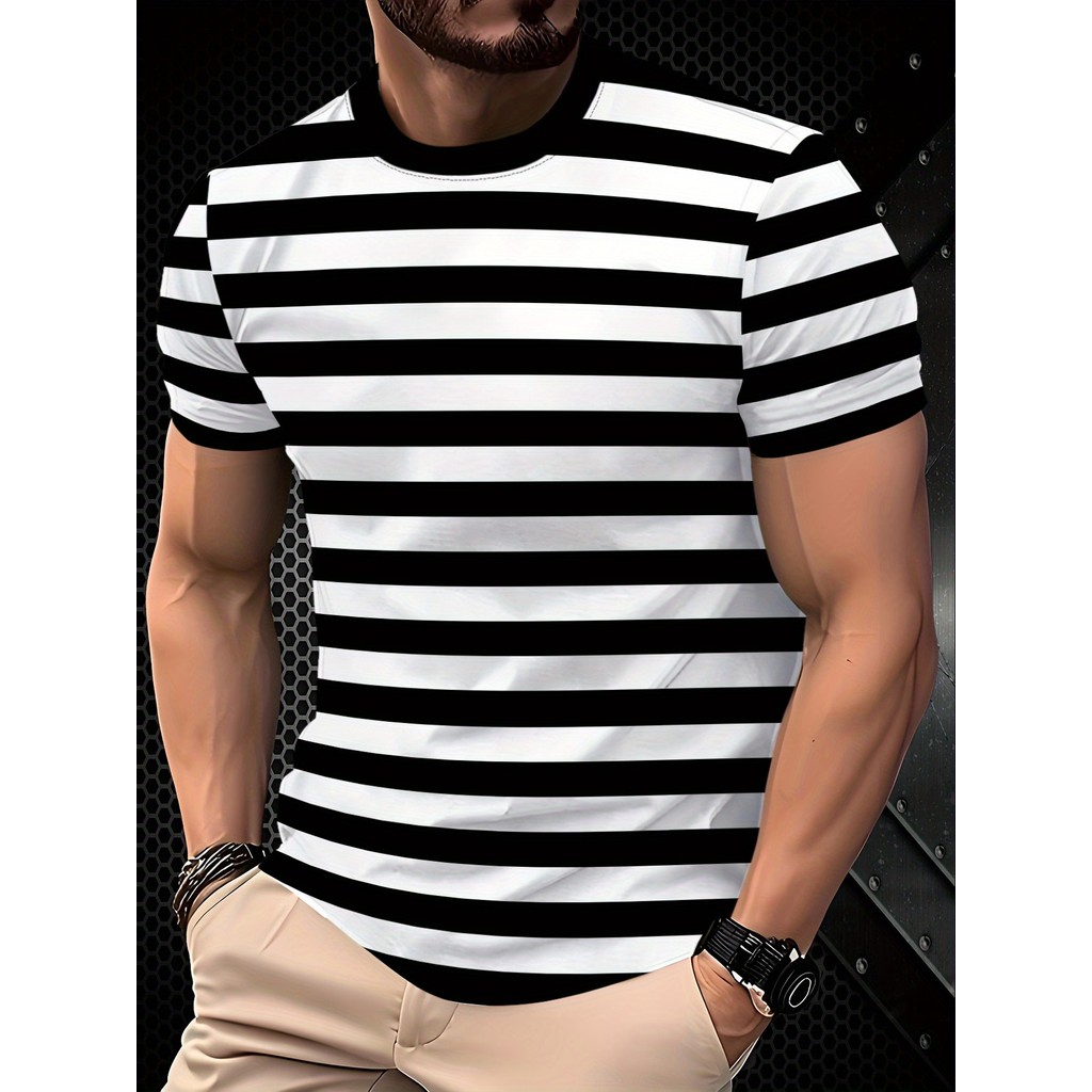 Camiseta Masculina Casual Listrada De Manga Curta , Estampa , Top De Poliéster Com Gola Redonda , Lavável À Máquina , Ad em Oferta na Shopee