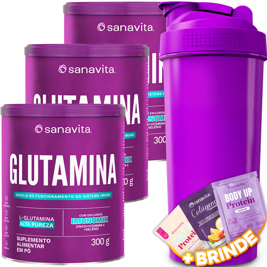 3x Glutamina em Pó 300g Suplemento Alimentar Sanavita Alta Pureza Imunomix Sem Sabor + Coqueteleira