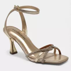 Sandália Via Marte Tiras Cruzadas Strass Salto Médio Feminino - Dourado