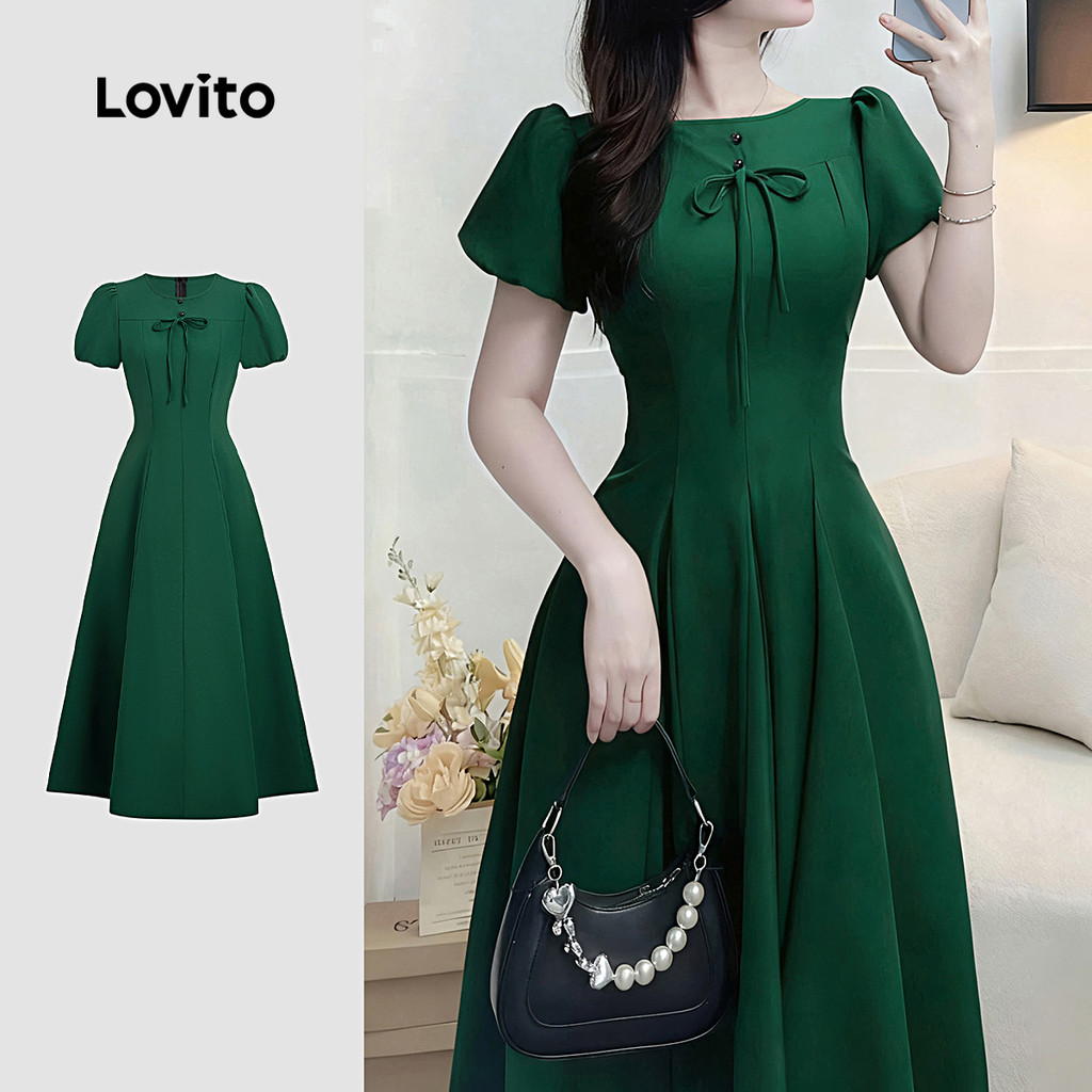 Lovito Vestido Verde Feminino Primavera/verão com Botões e Renda L164LD283